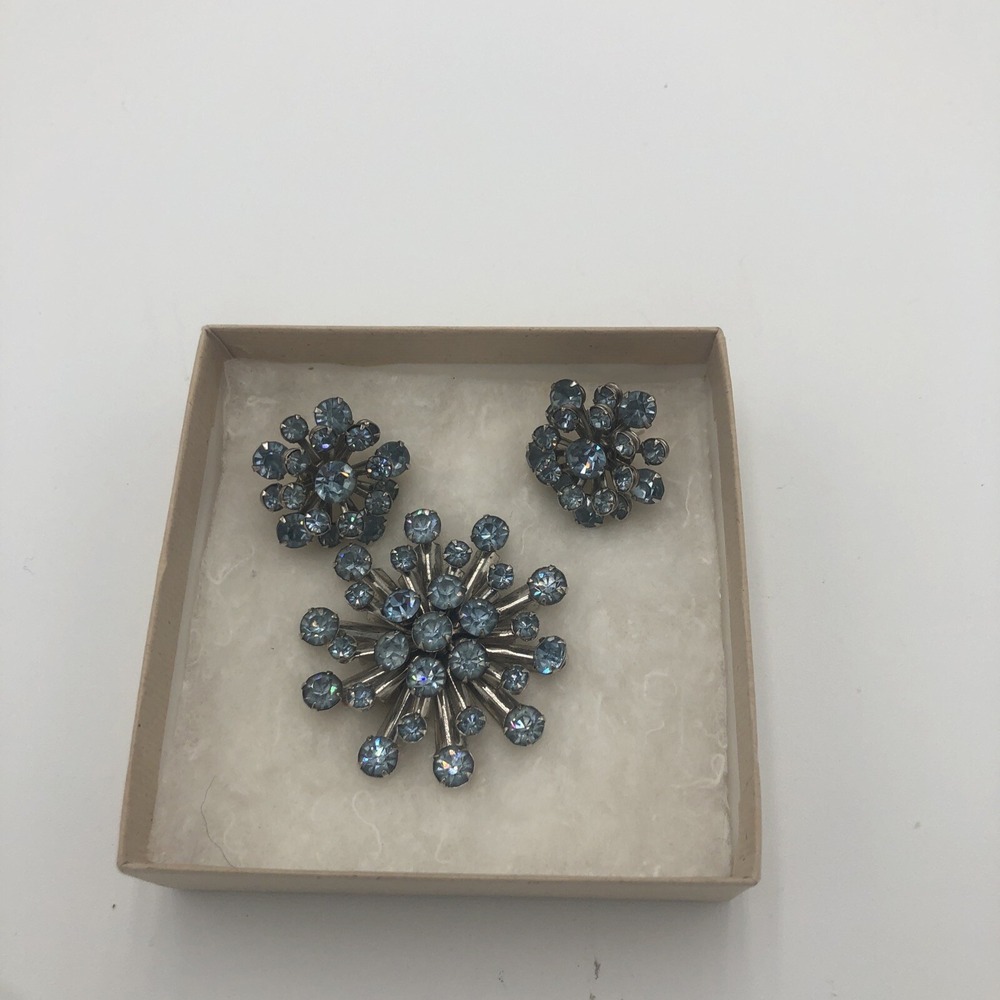 Vintage Costume Jewelry Brooch Pierced Earrings Simulated Aquamarine Stones Used